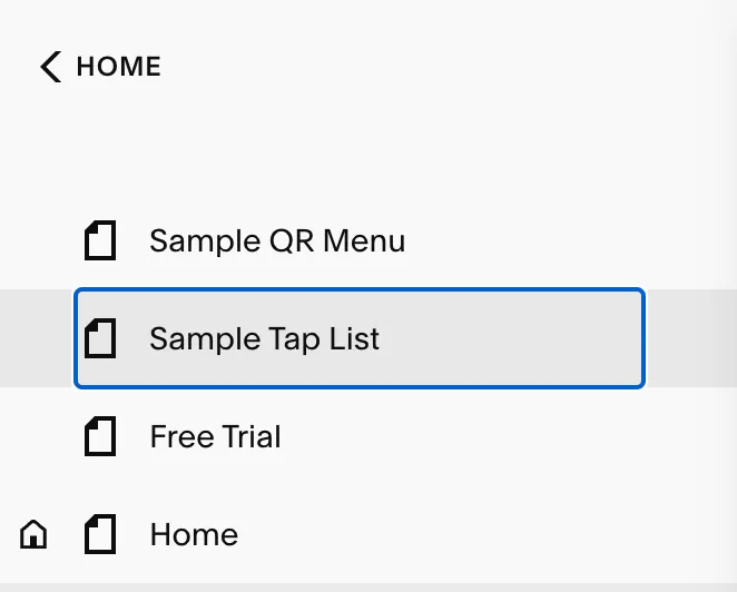 Squarespace page list with Sample Tap List highlighted among Sample QR Menu, Free Trial, and Home