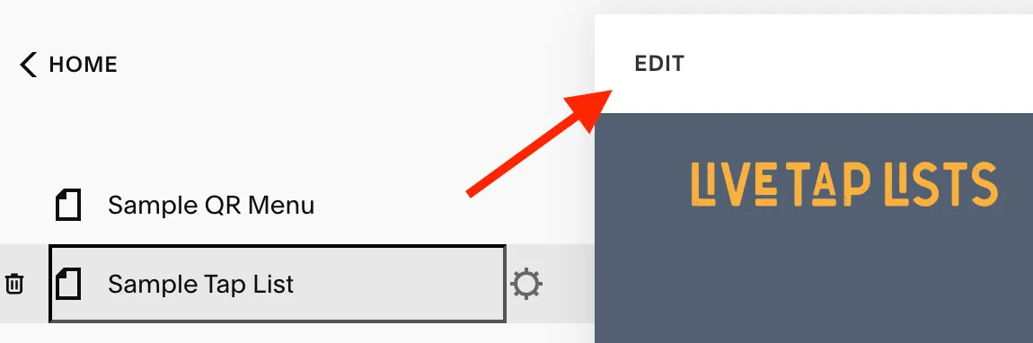 Squarespace page list with an arrow pointing to the Edit button for the Sample Tap List page