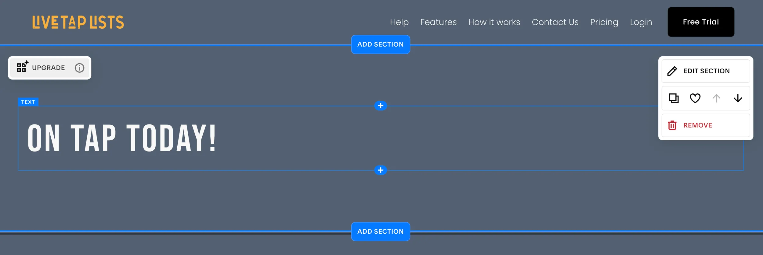 Squarespace page editor with an On Tap Today heading added and the Add Section controls visible