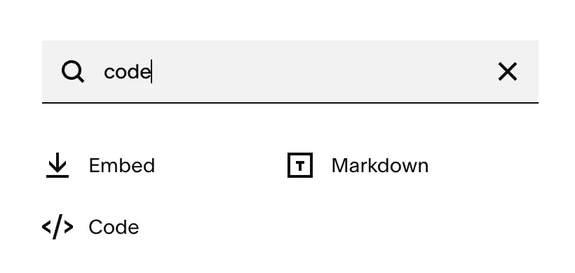 Squarespace block search with the word code typed, listing Embed, Markdown, and Code blocks