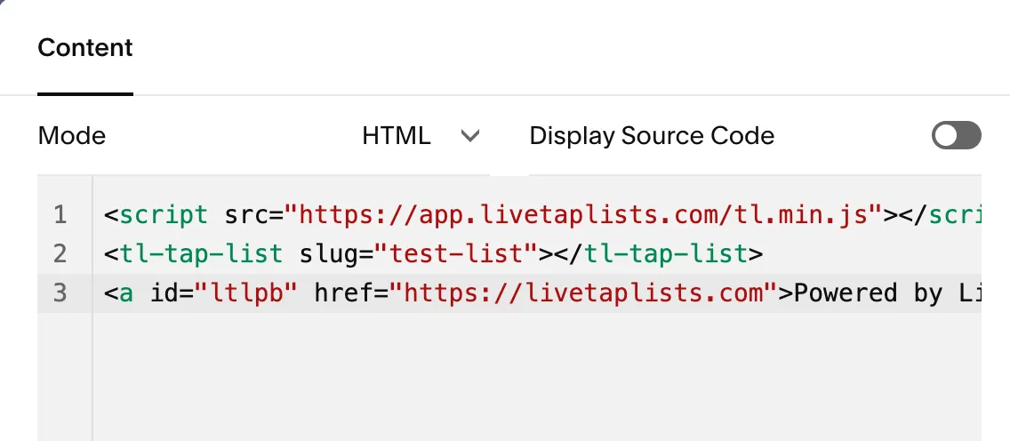 Squarespace Code block editor in HTML mode with the Live Tap Lists embed code pasted in