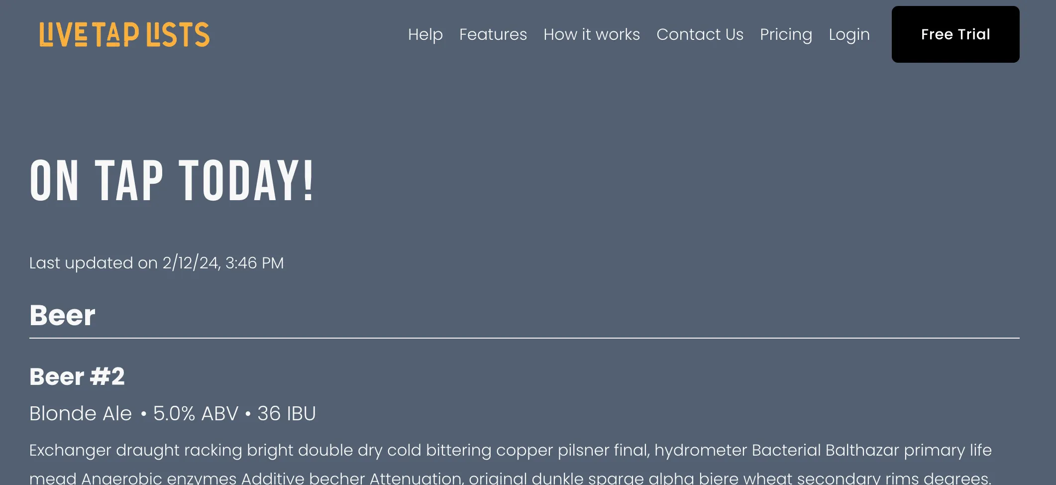 The published Squarespace page showing the On Tap Today heading and a beer menu with last updated time