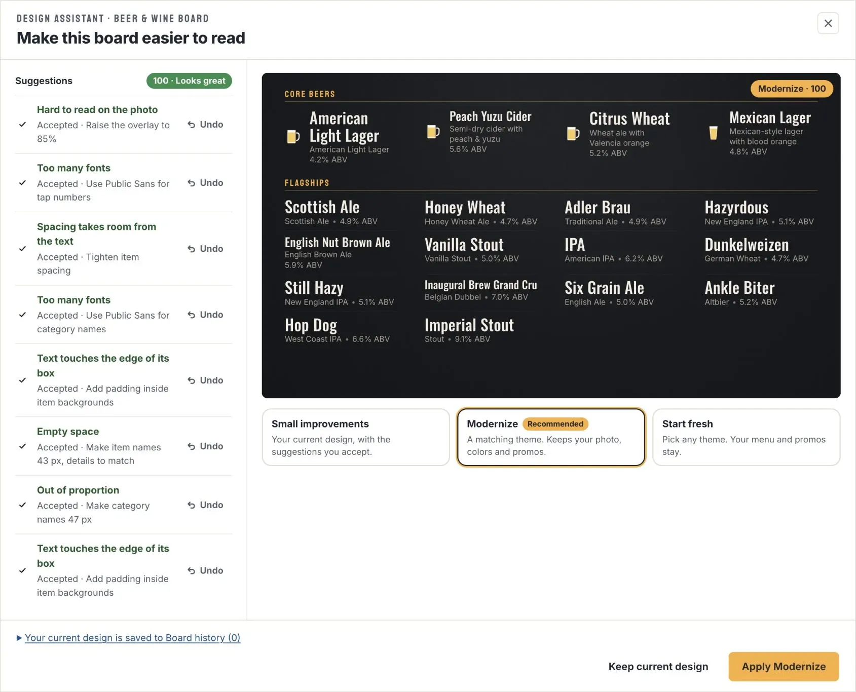 The Design Assistant previewing Modernize on a beer board: the menu is restyled in a matching theme with gold category rules, tall condensed beer names in four columns, and an Apply Modernize button waits to be pressed