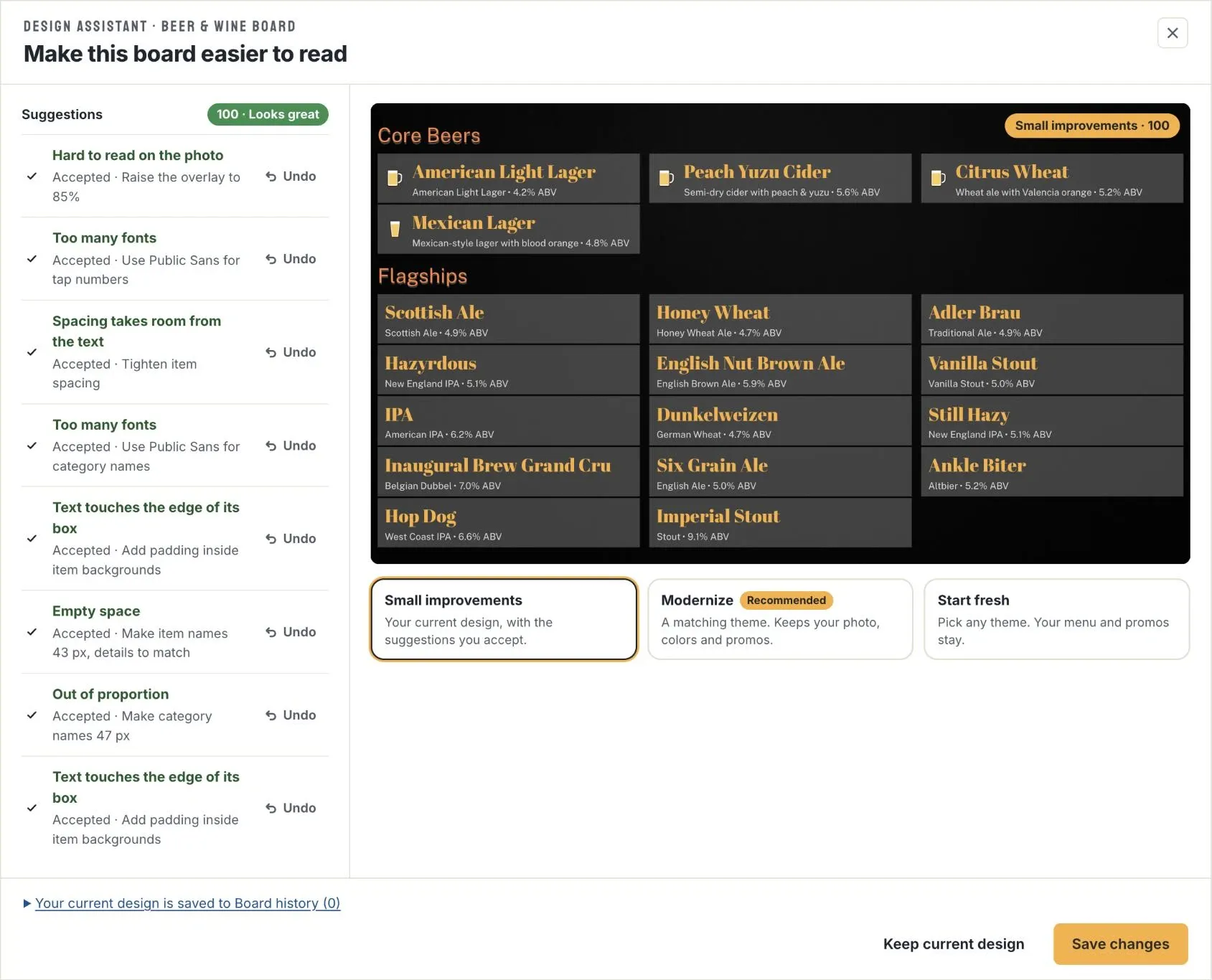 The Design Assistant window "Make this board easier to read" with every suggestion accepted: bigger item names, a darker photo overlay, fewer fonts and tighter spacing, a score of 100, and the Small improvements preview of a beer board