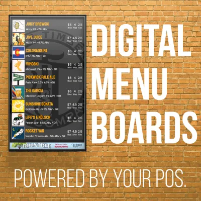 A portrait digital menu board of nine beers mounted on a brick wall, with the words Digital Menu Boards, powered by your POS