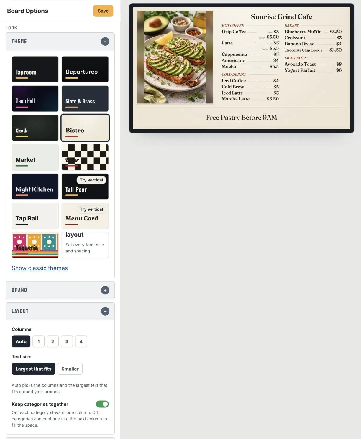The board editor's Look options (theme picker with Bistro selected, plus Layout settings for columns, text size and keeping categories together) beside a live preview of a café menu board