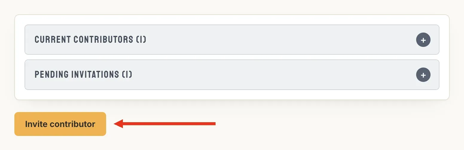 The Contributors page with Current Contributors and Pending Invitations sections and a red arrow pointing to the Invite contributor button