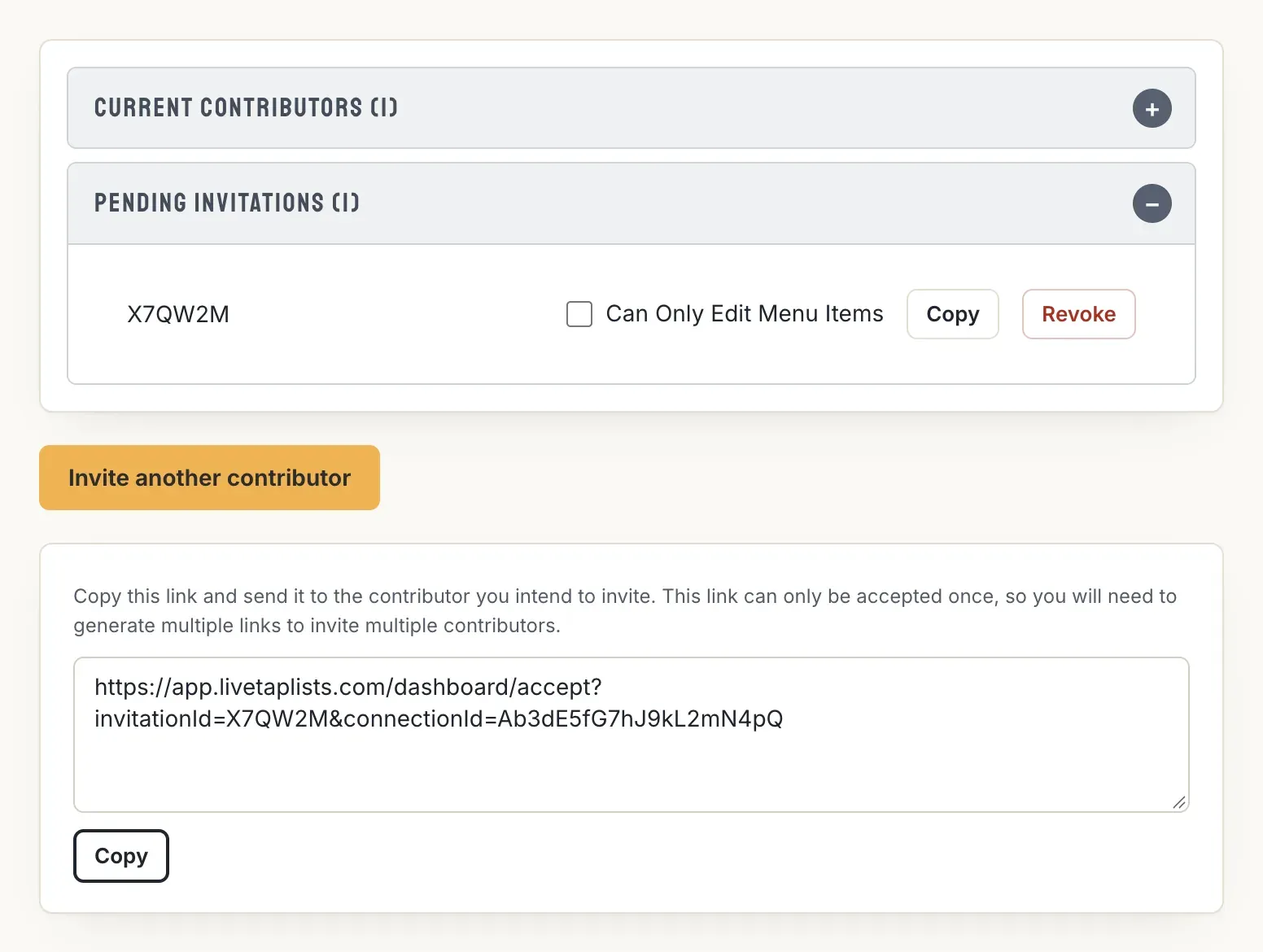A pending invitation with a Can Only Edit Menu Items checkbox and Copy and Revoke buttons, and the invitation link to copy and send to the contributor