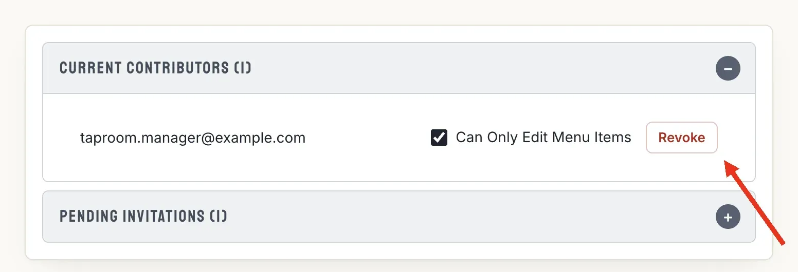 The Current Contributors list showing a contributor with a Can Only Edit Menu Items checkbox and a red arrow pointing to the Revoke button
