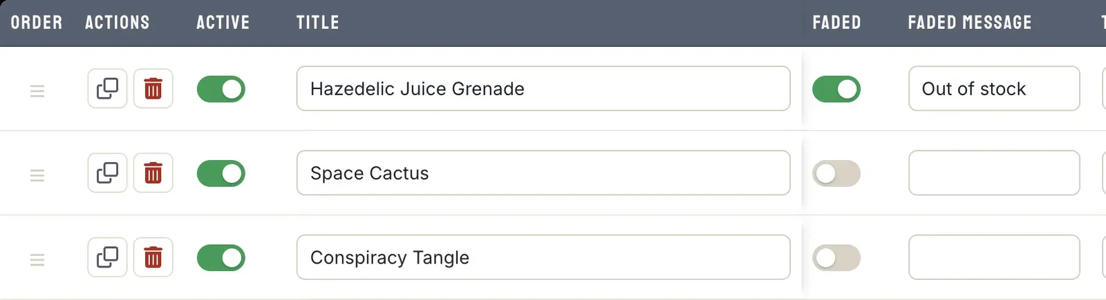 The Menu Items table with Active and Faded toggles, and a Faded Message of Out of stock on the first item