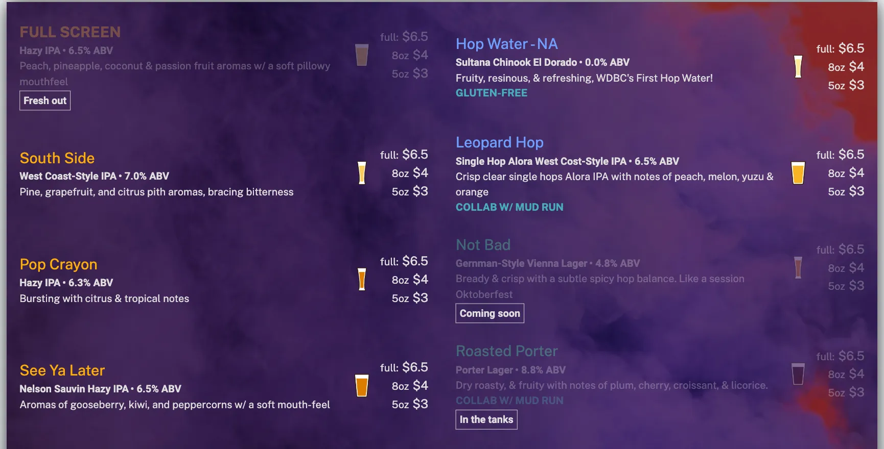 A digital beer menu board where faded items such as Full Screen, Not Bad, and Roasted Porter appear dimmed with labels Fresh out, Coming soon, and In the tanks