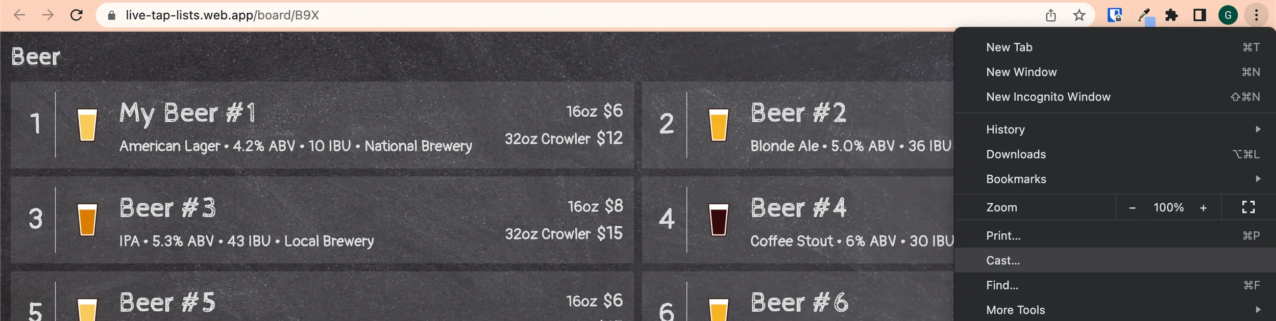 A digital menu board open in Google Chrome with the browser menu showing the Cast option