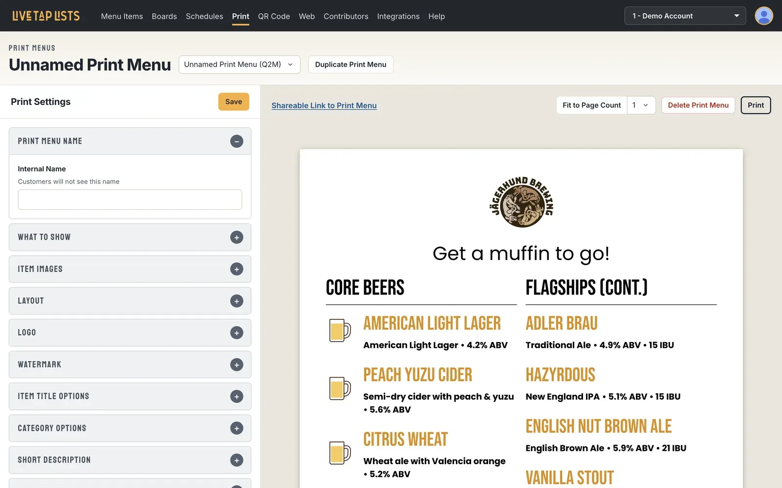 The Print Menus page with Print Settings on the left and a preview of the printable menu