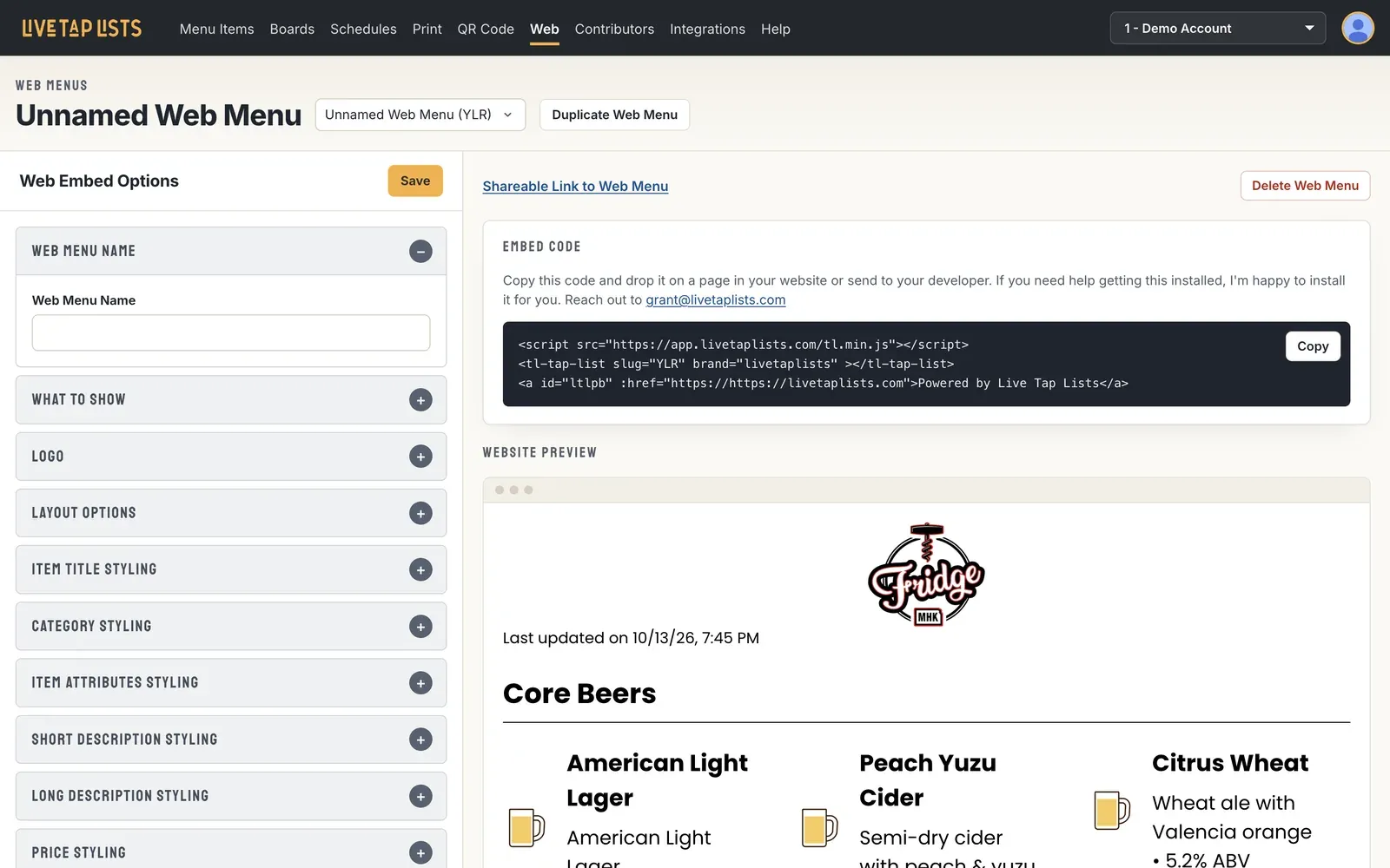 The Web Menus page with Web Embed Options on the left, the embed code with a Copy button, and a preview of the website menu