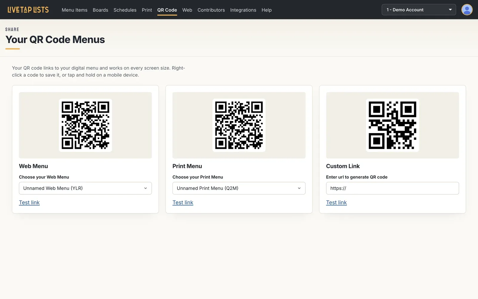The QR Code page showing QR codes for the web menu, the print menu, and a custom link
