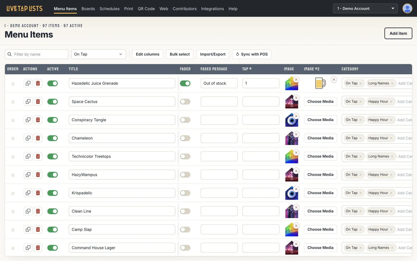 The Menu Items page of the Live Tap Lists dashboard filtered to On Tap, with a table of beers and their active and faded toggles, faded message, tap number, label image, and categories