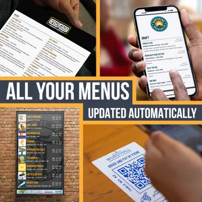 A collage of a printed menu, a website menu on a phone, a digital menu board, and a QR code table sign, with the words All your menus updated automatically