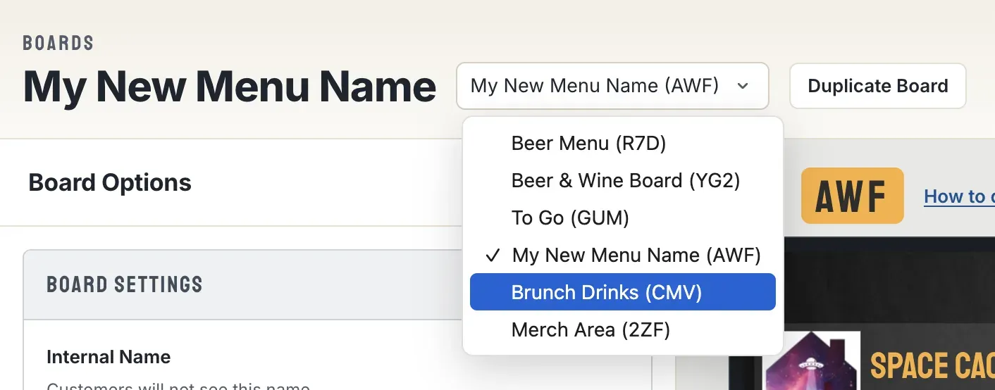 The board dropdown open, listing Beer Menu, Beer & Wine Board, To Go, My New Menu Name, Brunch Drinks, and Merch Area