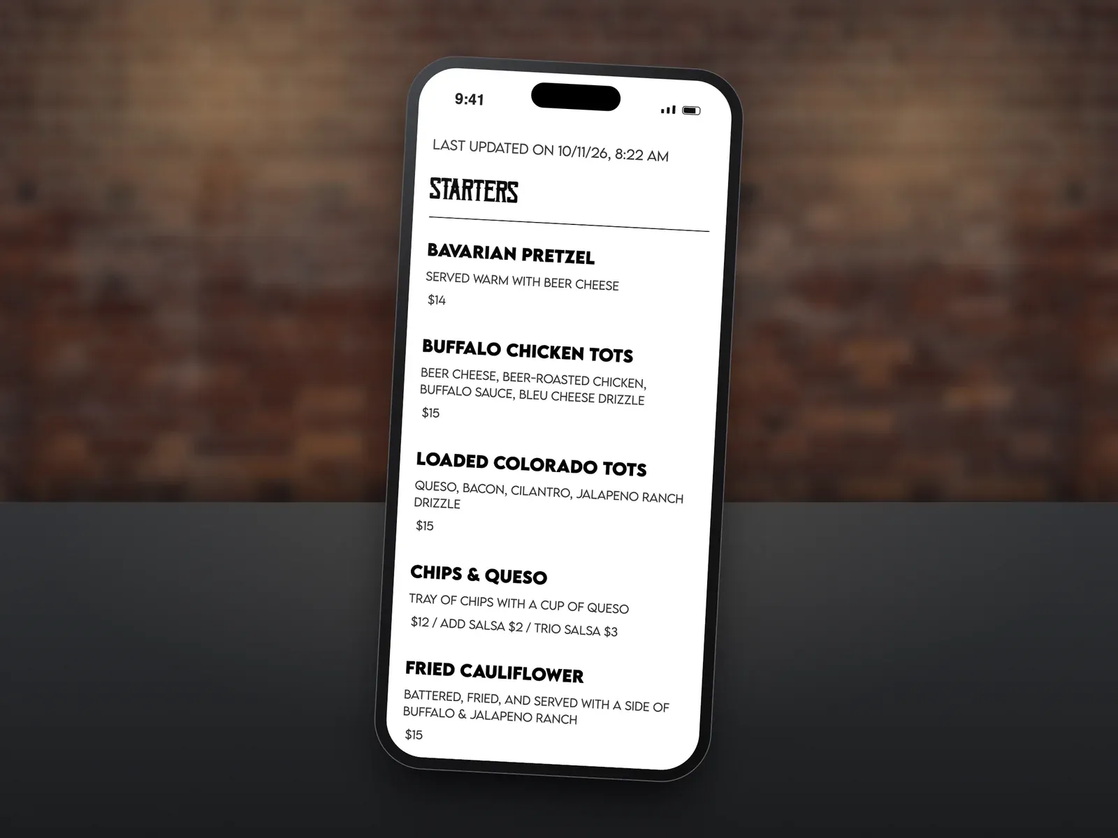 A mobile menu on a phone listing starters with descriptions and prices