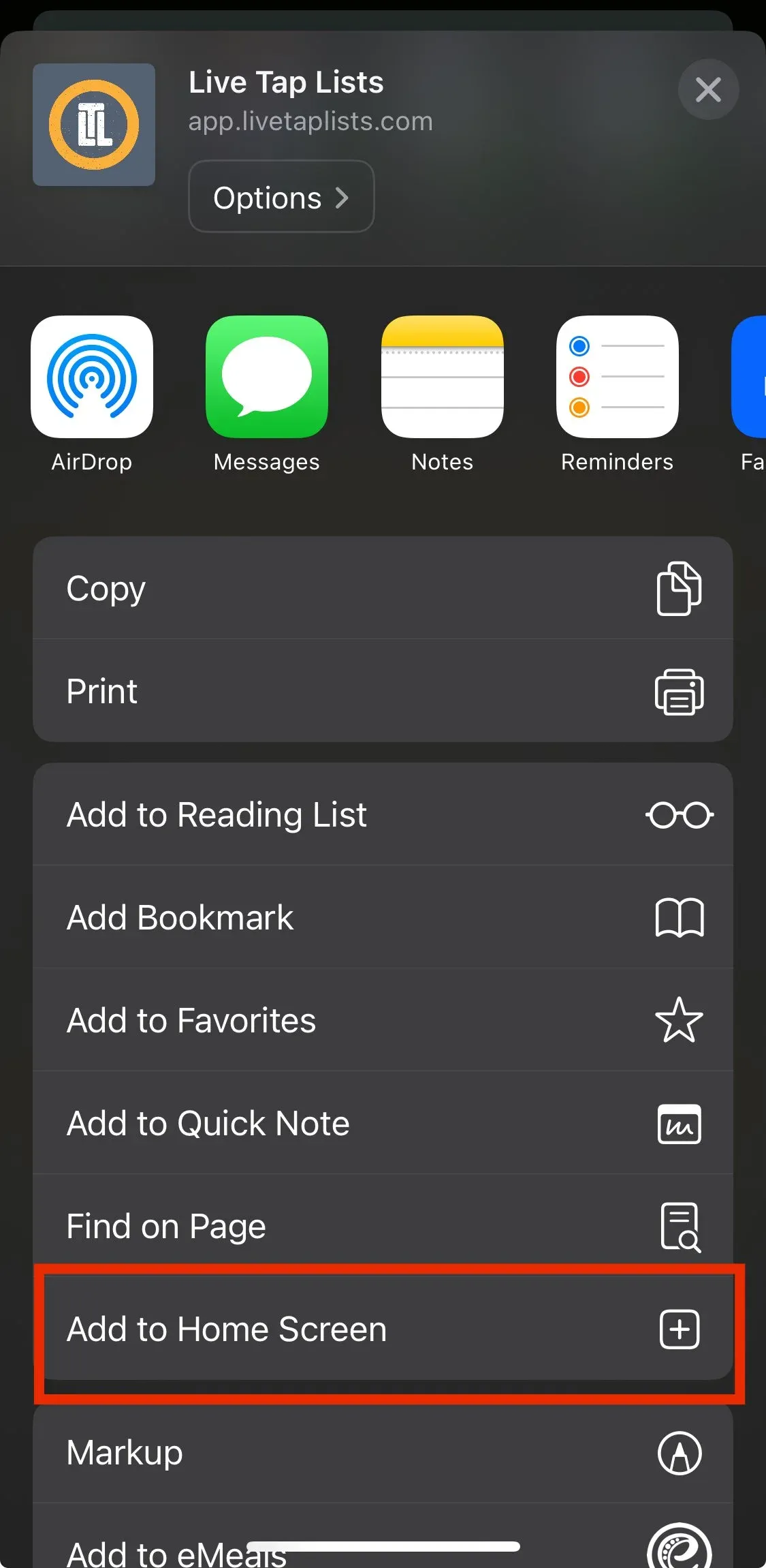 The phone share sheet with the Add to Home Screen option highlighted