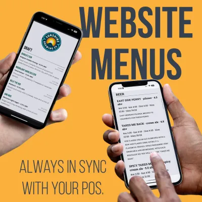 A phone showing a website beer menu, with the words Website Menus, always in sync with your POS