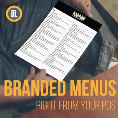 A person holding a printed branded beer menu, with the words Branded Menus, right from your POS