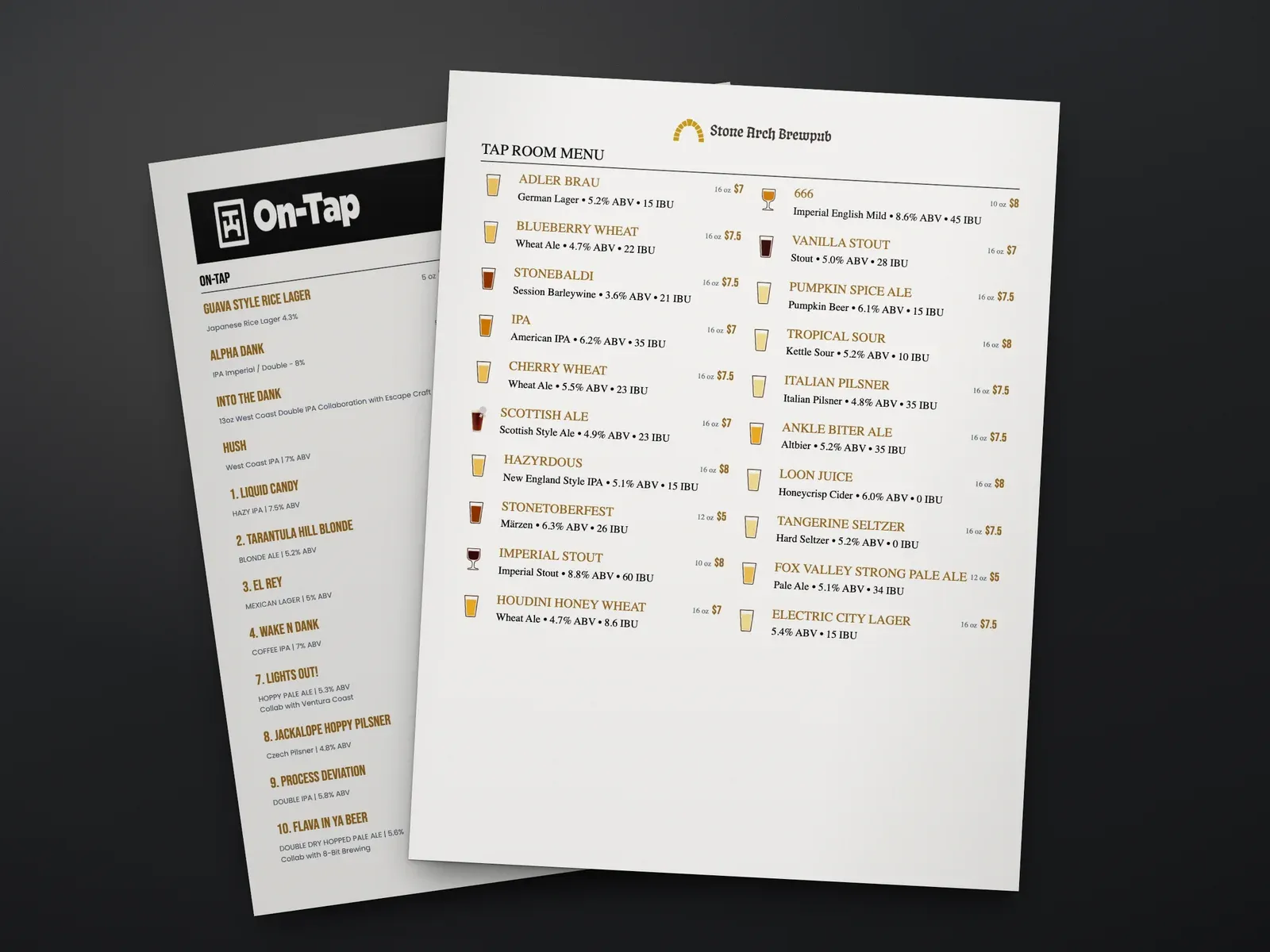 A printed taproom menu for Stone Arch Brewpub with beer glass icons, ABV, IBU, and prices on a dark table