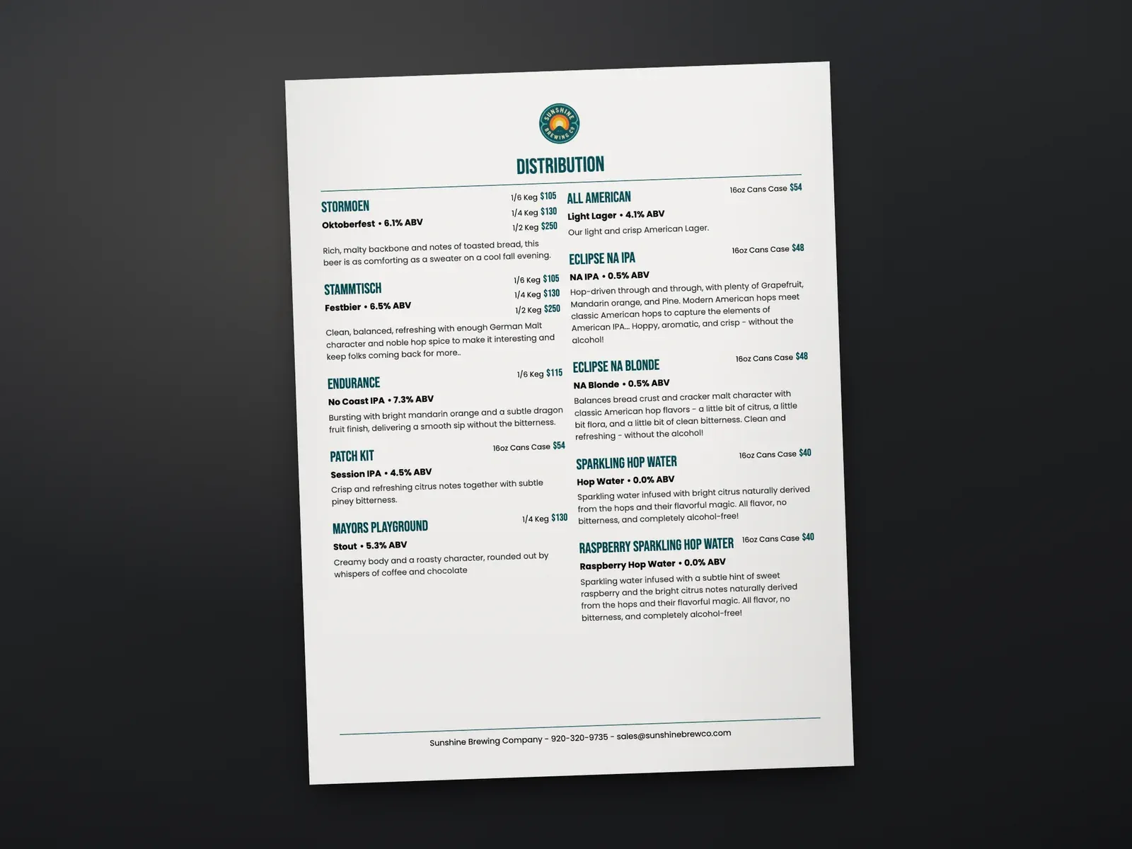 A printed distribution menu for Sunshine Brewing Company with keg sizes and prices and beer descriptions on a dark table