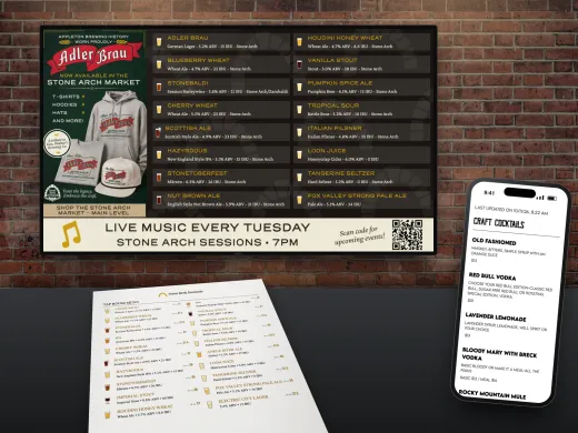 The same venue menu on a TV menu board, a printed taproom menu, and a phone