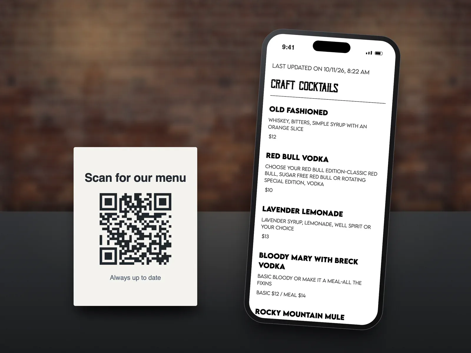 A table card reading Scan for our menu with a QR code, next to a phone showing the live cocktail menu it opens