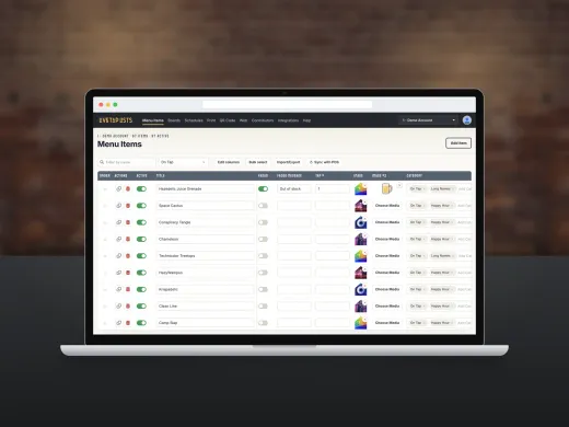 The Menu Items page of the Live Tap Lists dashboard on a laptop, listing beers with active and faded toggles, tap number, label image, and categories