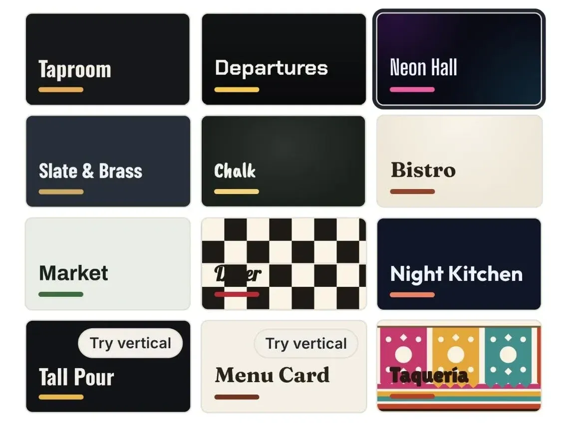 The theme picker: tiles for Taproom, Departures, Neon Hall, Slate & Brass, Chalk, Bistro, Market, Diner, Night Kitchen, Tall Pour, Menu Card and Taquería