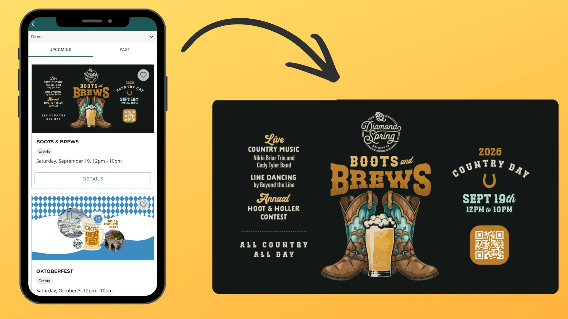 A TapWyse mobile app events list on the left and the same event shown as a promotion on a Live Tap Lists digital sign on the right