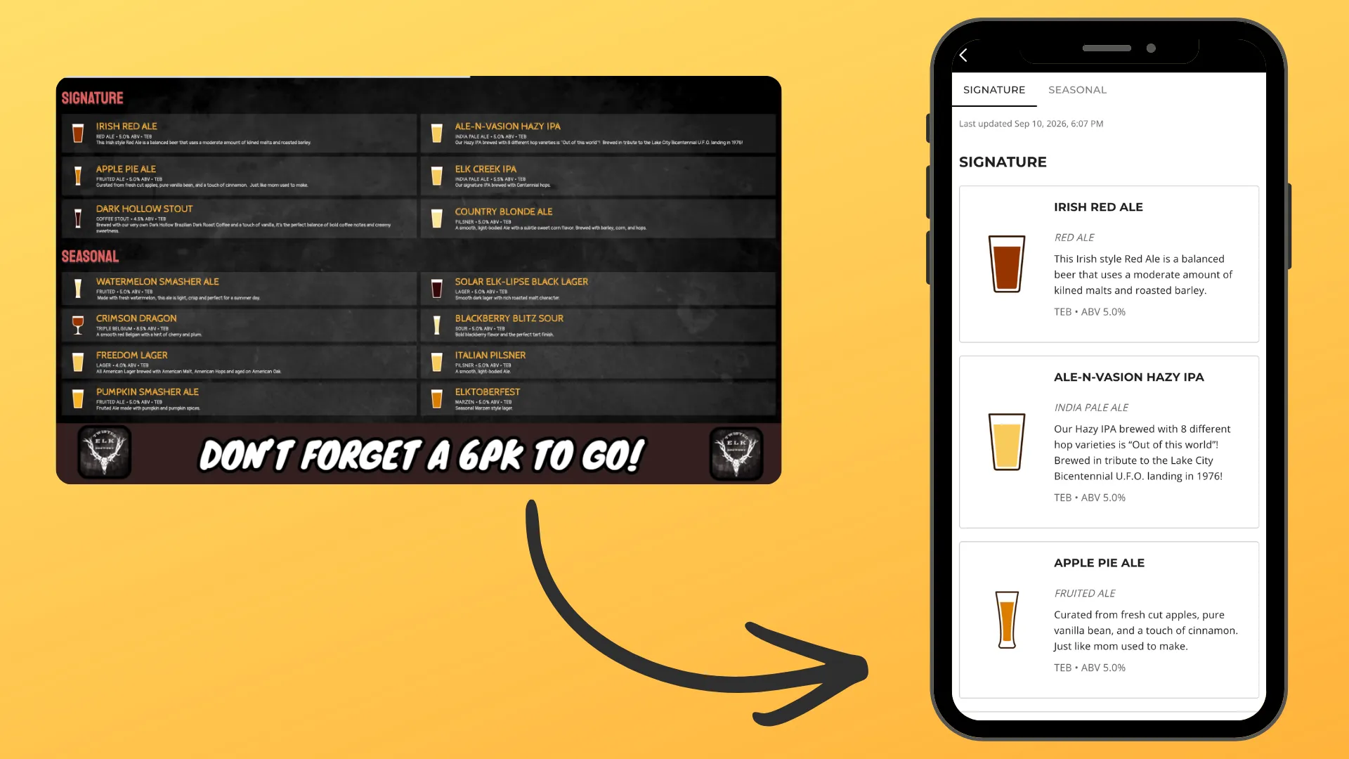 A Live Tap Lists digital menu board on the left and the same beer menu shown inside a TapWyse mobile app on the right
