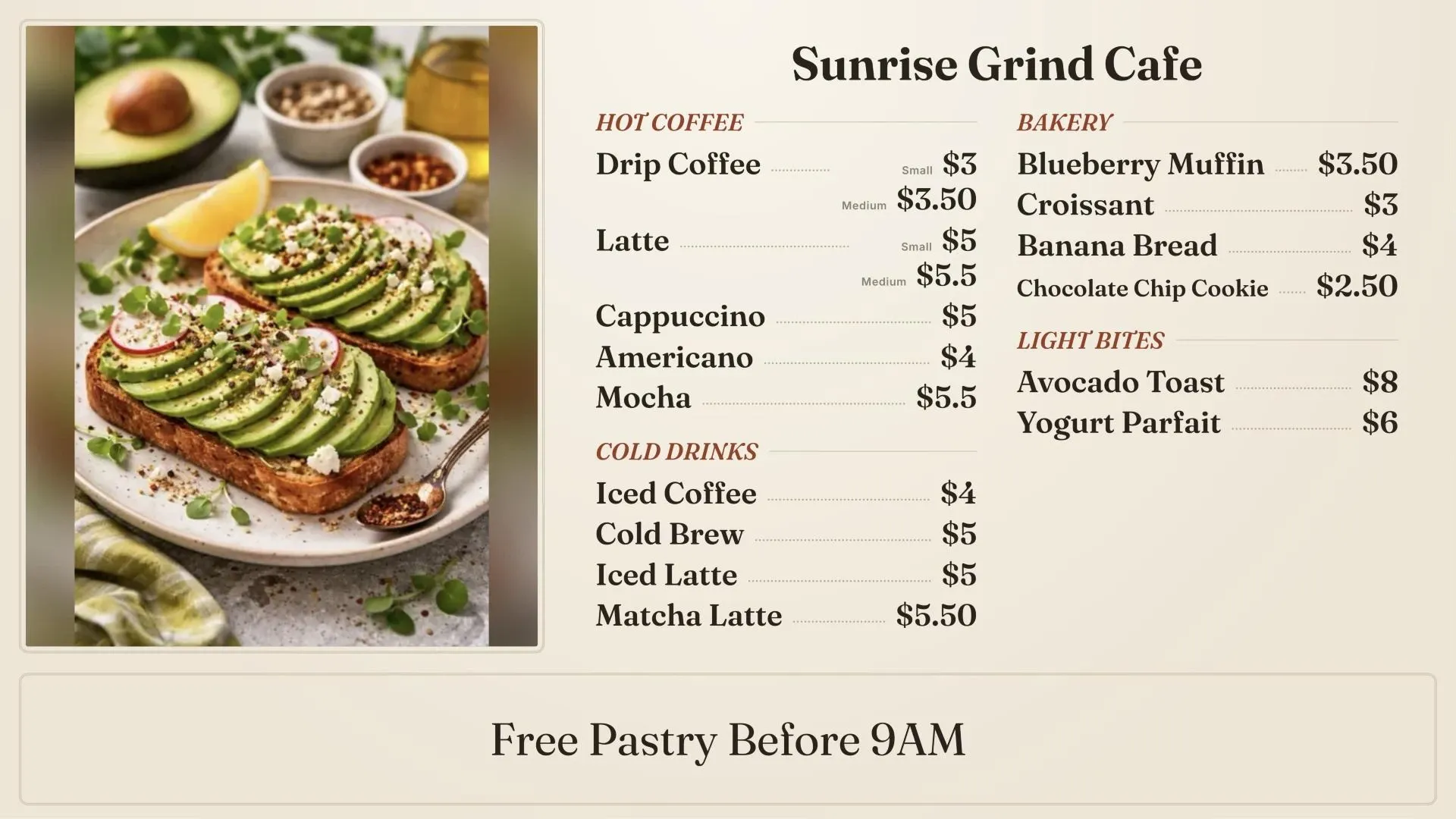 Bistro theme on a café menu: an avocado toast photo beside serif hot coffee, cold drinks, bakery and light bites on warm cream, with dotted leaders to the prices and a framed "Free Pastry Before 9AM" banner