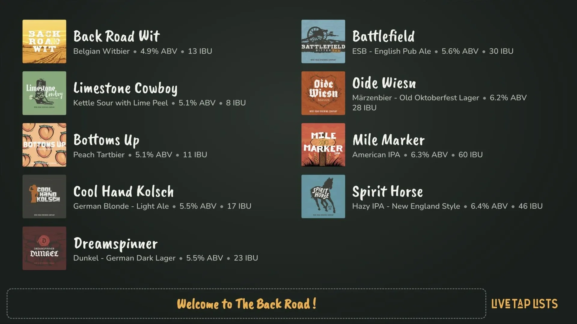 Chalk theme on a brewery tap list: beer label artwork beside hand-lettered beer names, styles, ABV and IBU on a dark chalkboard, with a dashed "Welcome to The Back Road!" banner