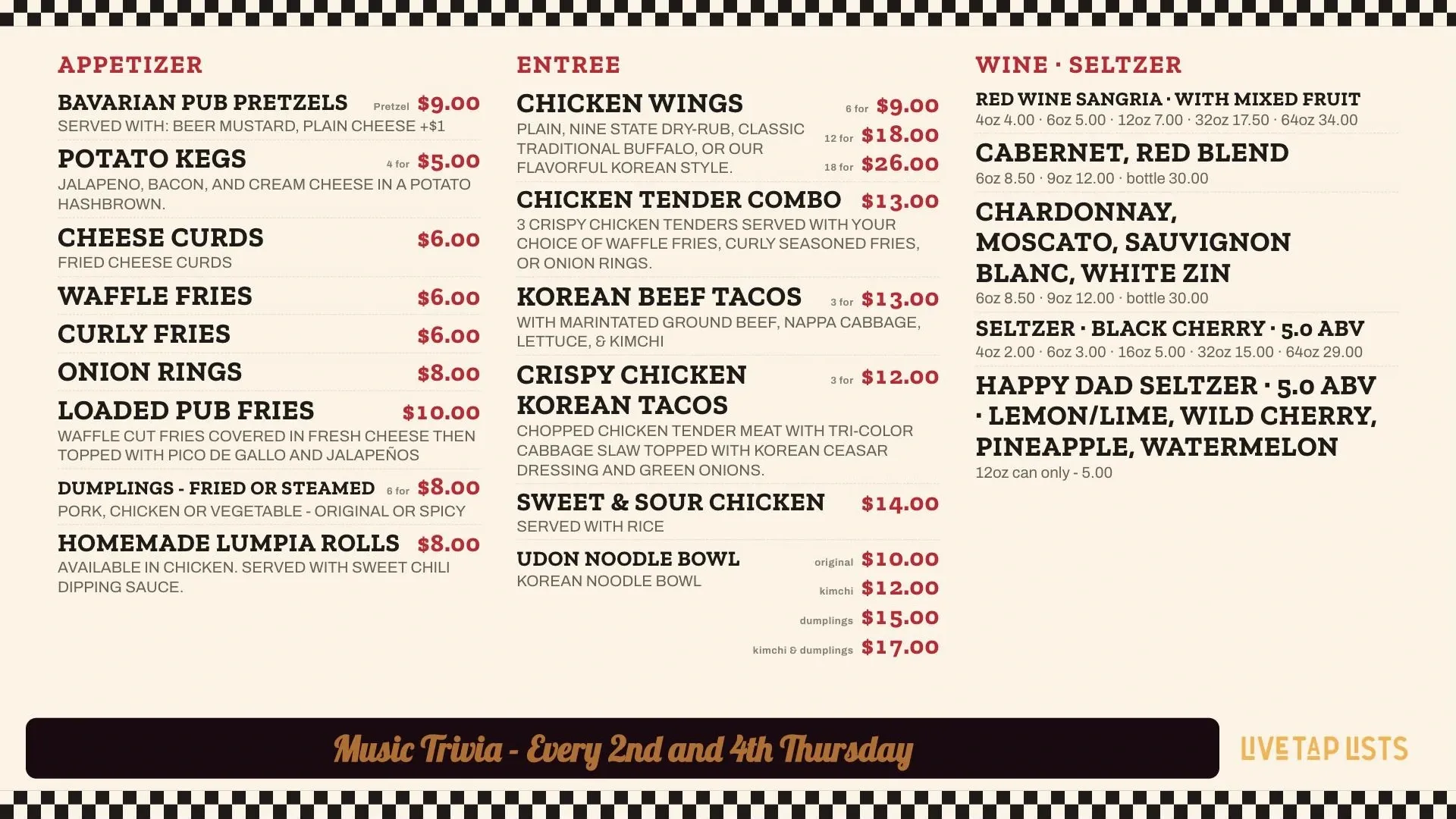 Diner theme on a brewery food menu: checkerboard trim, red slab-serif headings for Appetizer, Entree and Wine · Seltzer, bold item names with red prices, and a "Music Trivia - Every 2nd and 4th Thursday" banner