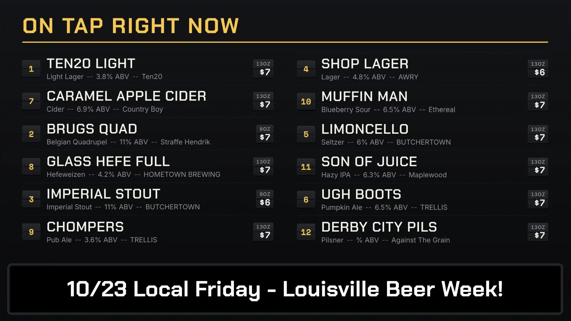Departures theme on a bar's tap list: a yellow "On Tap Right Now" heading, twelve beers in two columns with split-flap style tap-number and price tiles, and a black "10/23 Local Friday - Louisville Beer Week!" banner