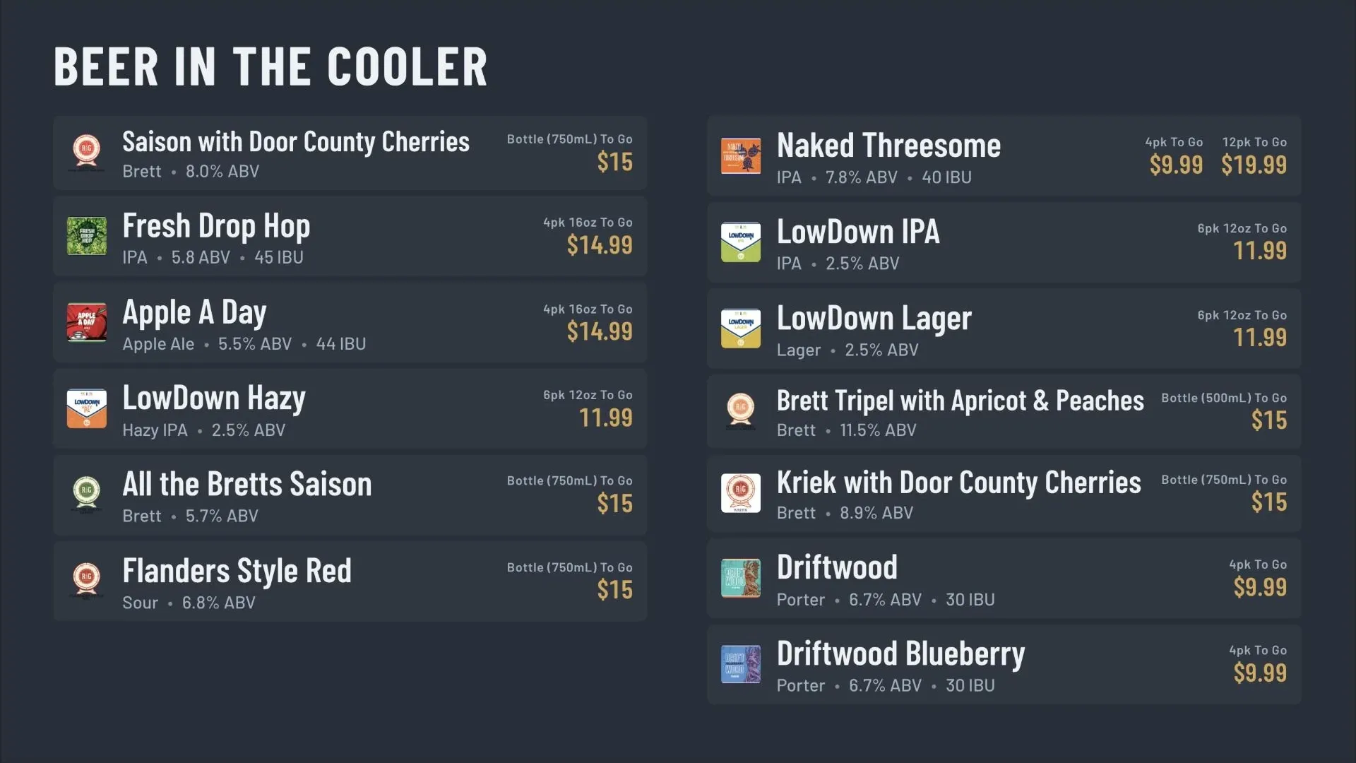 Slate & Brass theme on a brewery's "Beer in the Cooler" board: cans and bottles on dark slate cards, each with a label thumbnail and brass-gold to-go prices for 4-packs, 6-packs and bottles