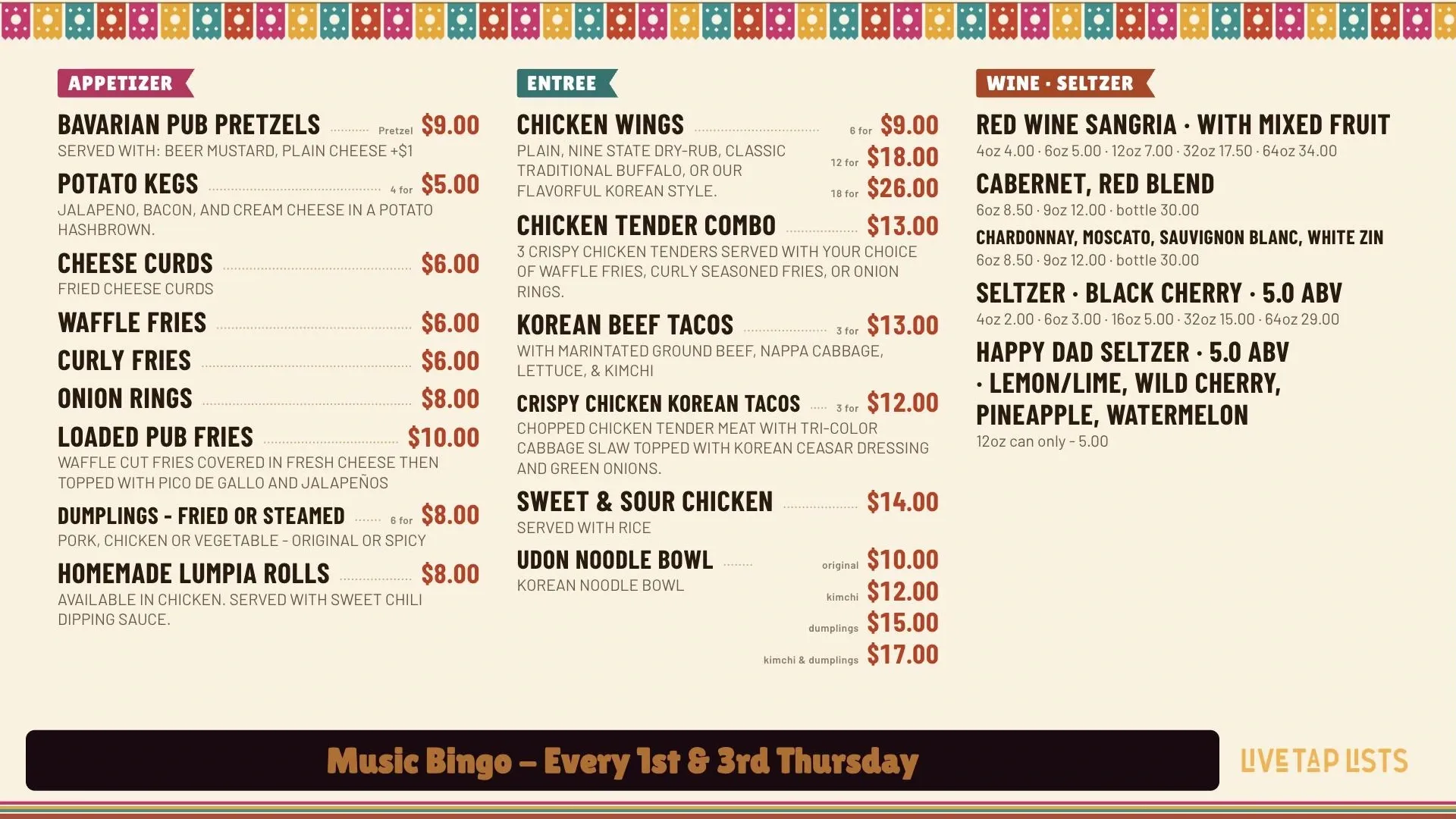 Taquería theme on a brewery food menu: papel picado bunting across the top, colored tag headings, condensed uppercase items with red prices, and a "Music Bingo – Every 1st & 3rd Thursday" banner