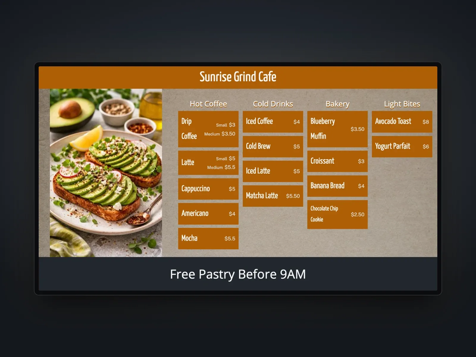 A coffee shop menu board with hot coffee, cold drinks, bakery, and light bites columns beside a photo of avocado toast, with a free pastry promotion along the bottom