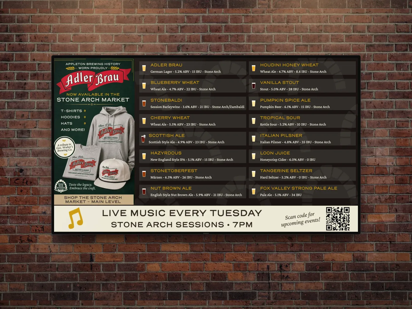 A horizontal digital menu board for Stone Arch Brewpub with a merchandise zone promo on the left and a live music promo along the bottom