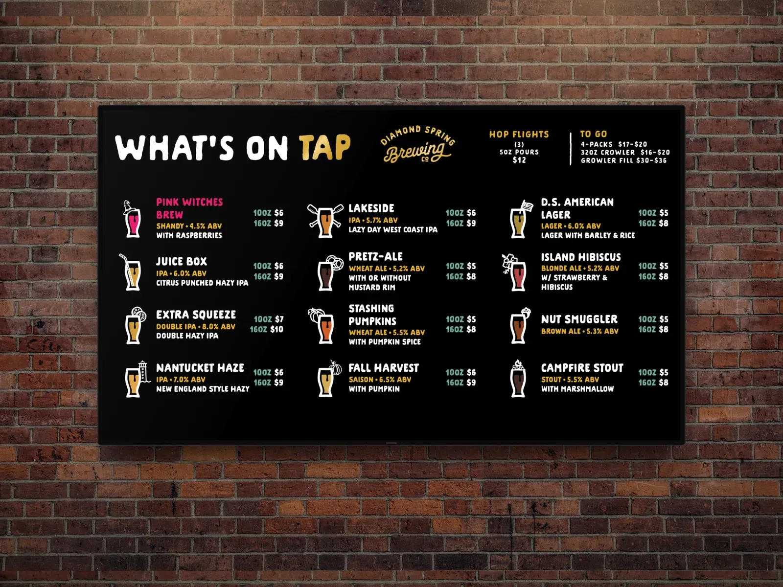 A horizontal Live Tap Lists digital menu board for Diamond Spring Brewing on a TV mounted on a brick wall