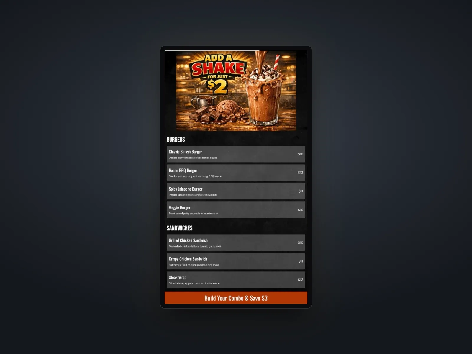 A vertical restaurant menu board listing burgers and sandwiches with descriptions and prices under an add-a-shake promotion