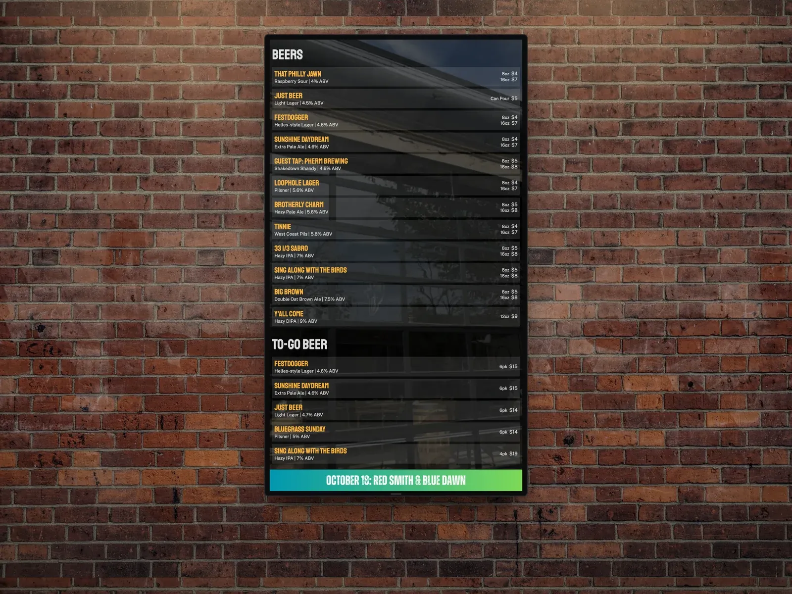 A vertical digital menu board listing draft beers and to-go beer with sizes and prices, and an event banner along the bottom, on a TV on a brick wall