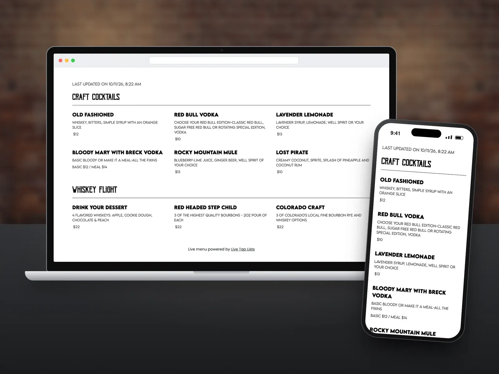 A craft cocktail website menu with ingredients, prices, and a last-updated timestamp on a laptop and a phone