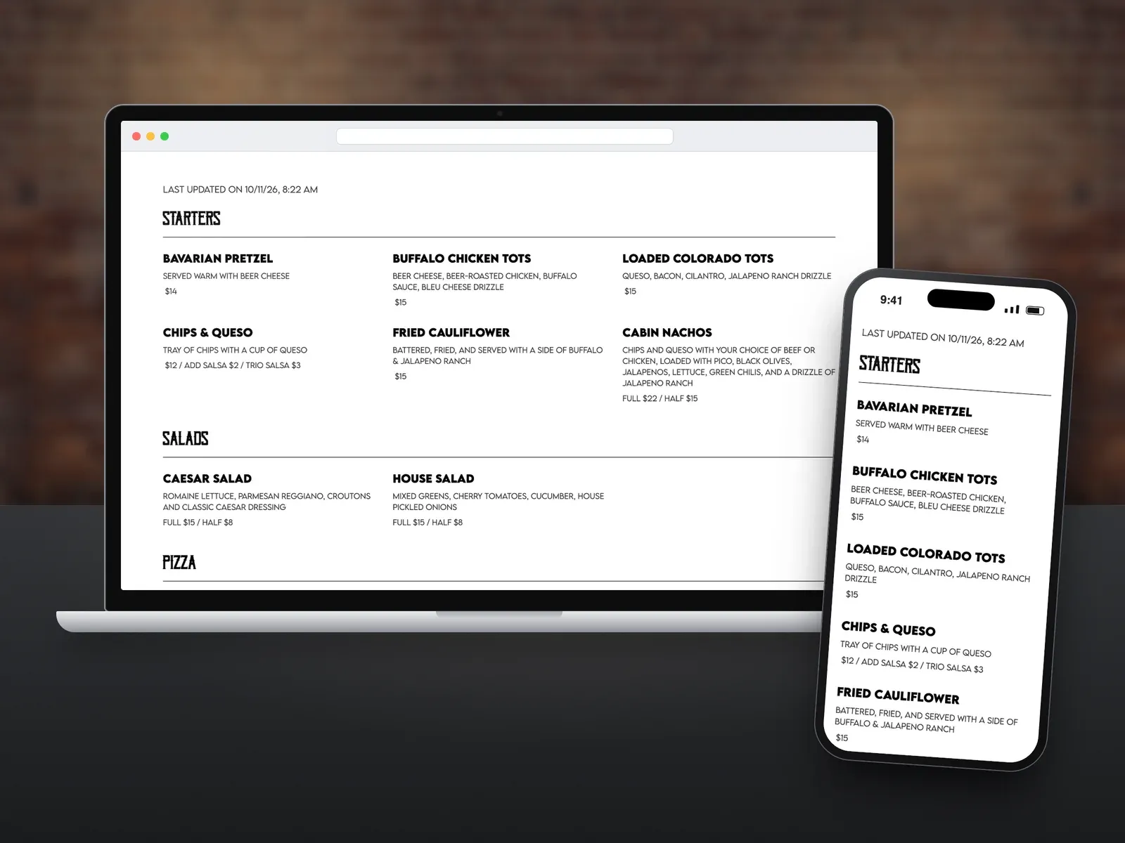 A Live Tap Lists website menu of starters and salads on a laptop, with the same menu on a phone beside it