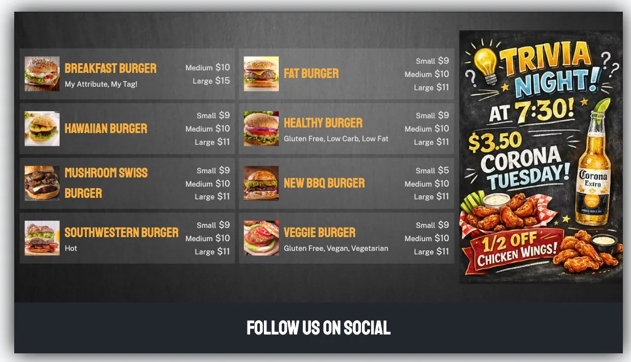 A split-screen menu board with burgers on the left and a trivia night drink promotion on the right