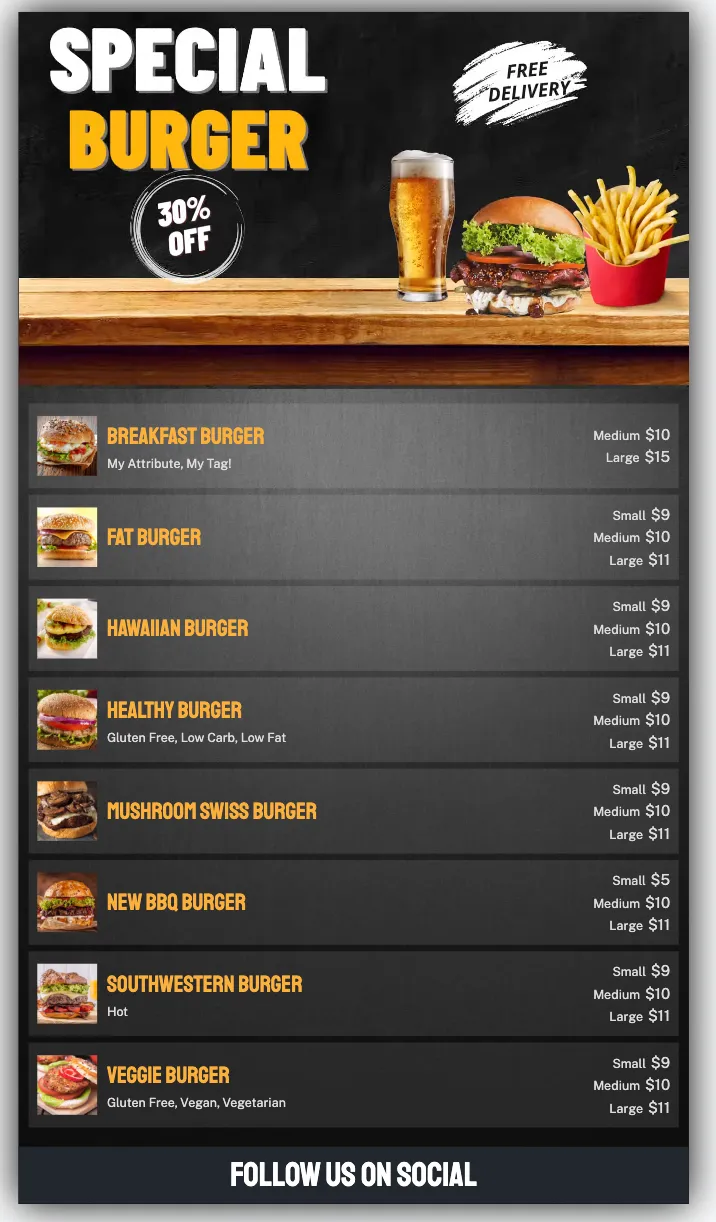 A vertical burger menu board with a Special Burger 30% off promo banner above a list of eight burgers and their prices