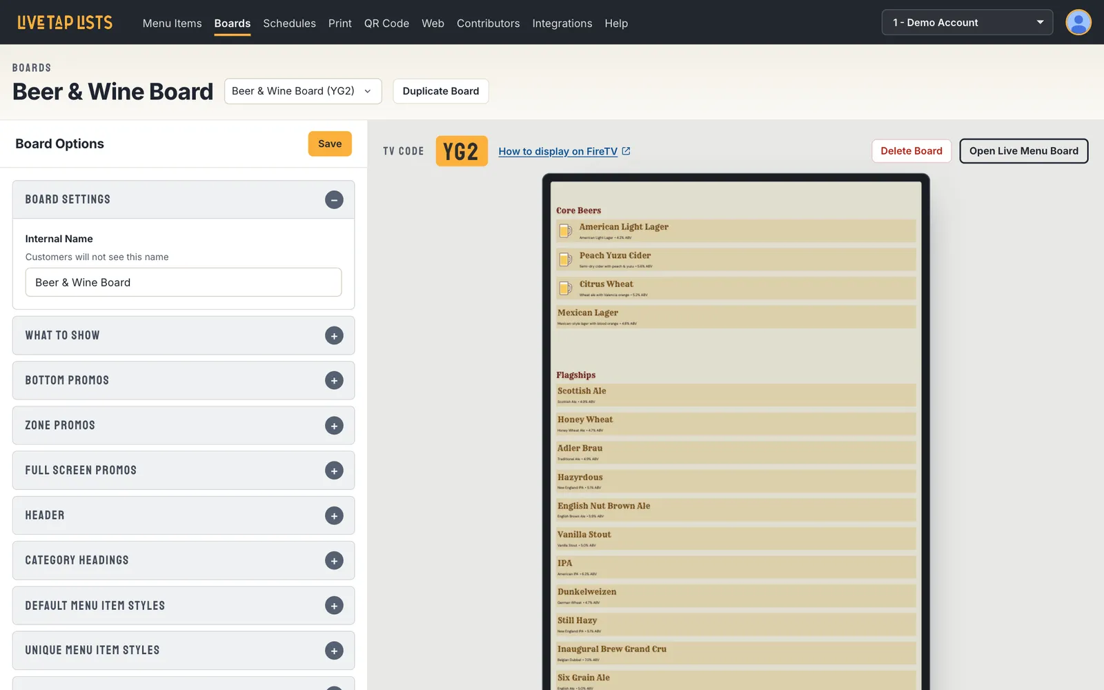 After: the redesigned board editor, with the board name and switcher in the page header, settings sections you can open and close, and the preview in a TV frame